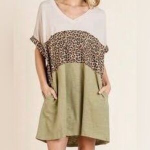 Umgee Womens Beach Leopard Print Linen Blend Shift Dress Size XL Boho Lagenlook
